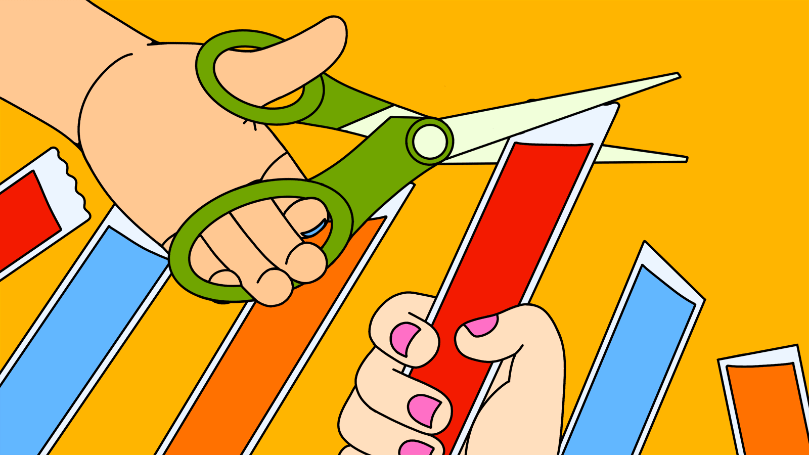 A hand holding a pair of scissors cuts the tops off popsicles in tubes. Illustration/GIF.
