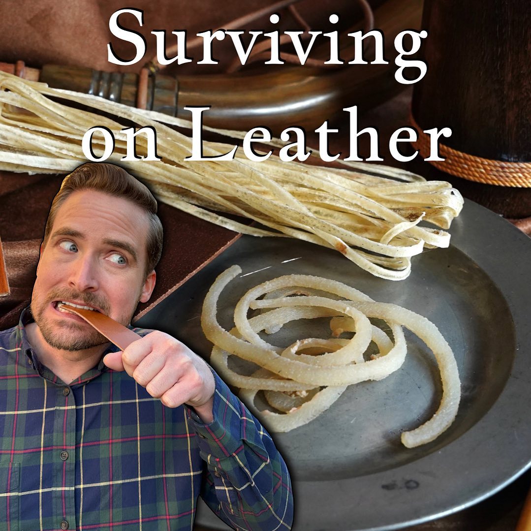 Photo composite of man chewing into a strap of leather while looking at pasta-shaped leather strips. “Surviving on Leather” title written in the background.