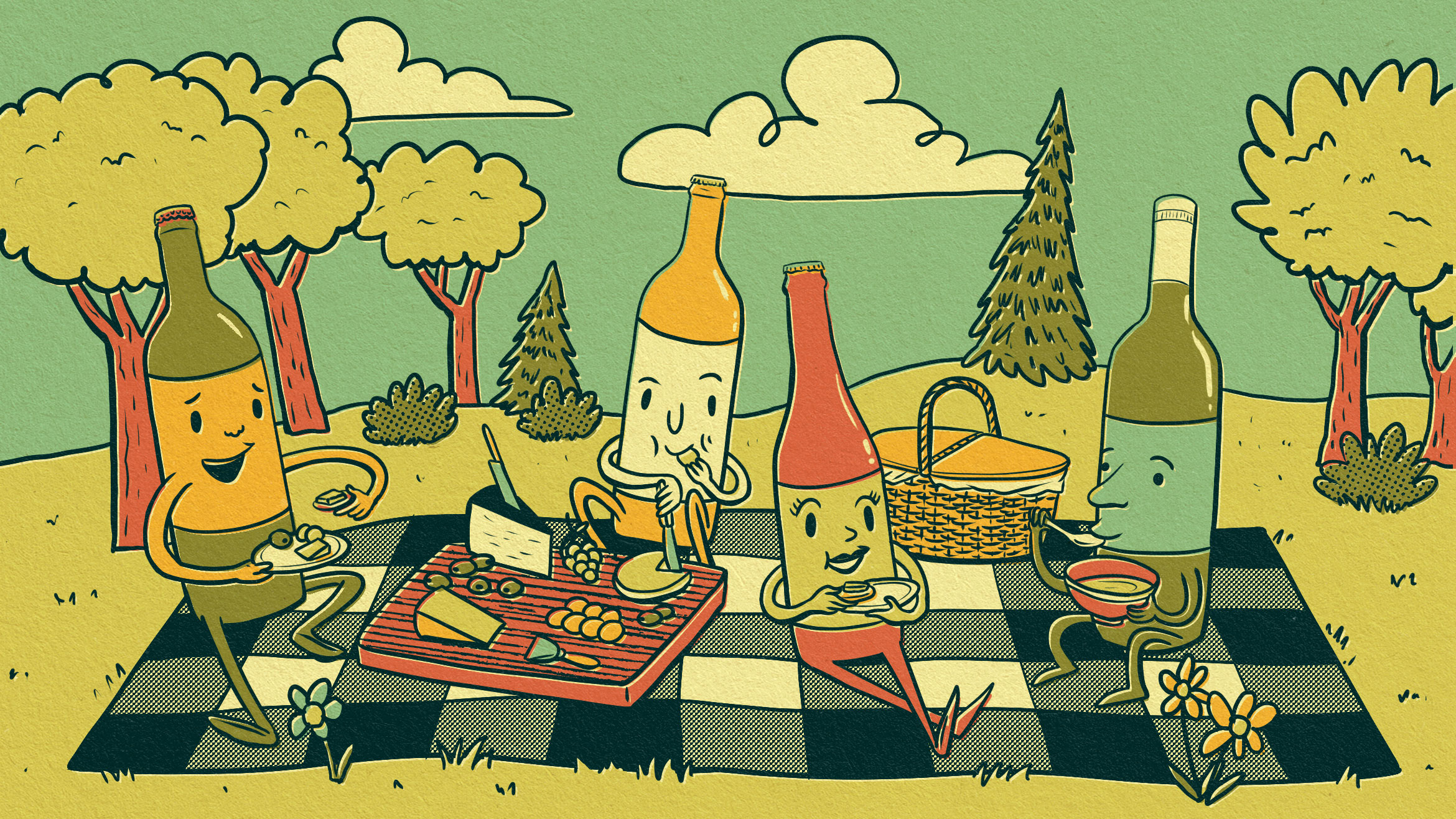 An illustration of anthropomorphized bottles of wine enjoying a picnic. 