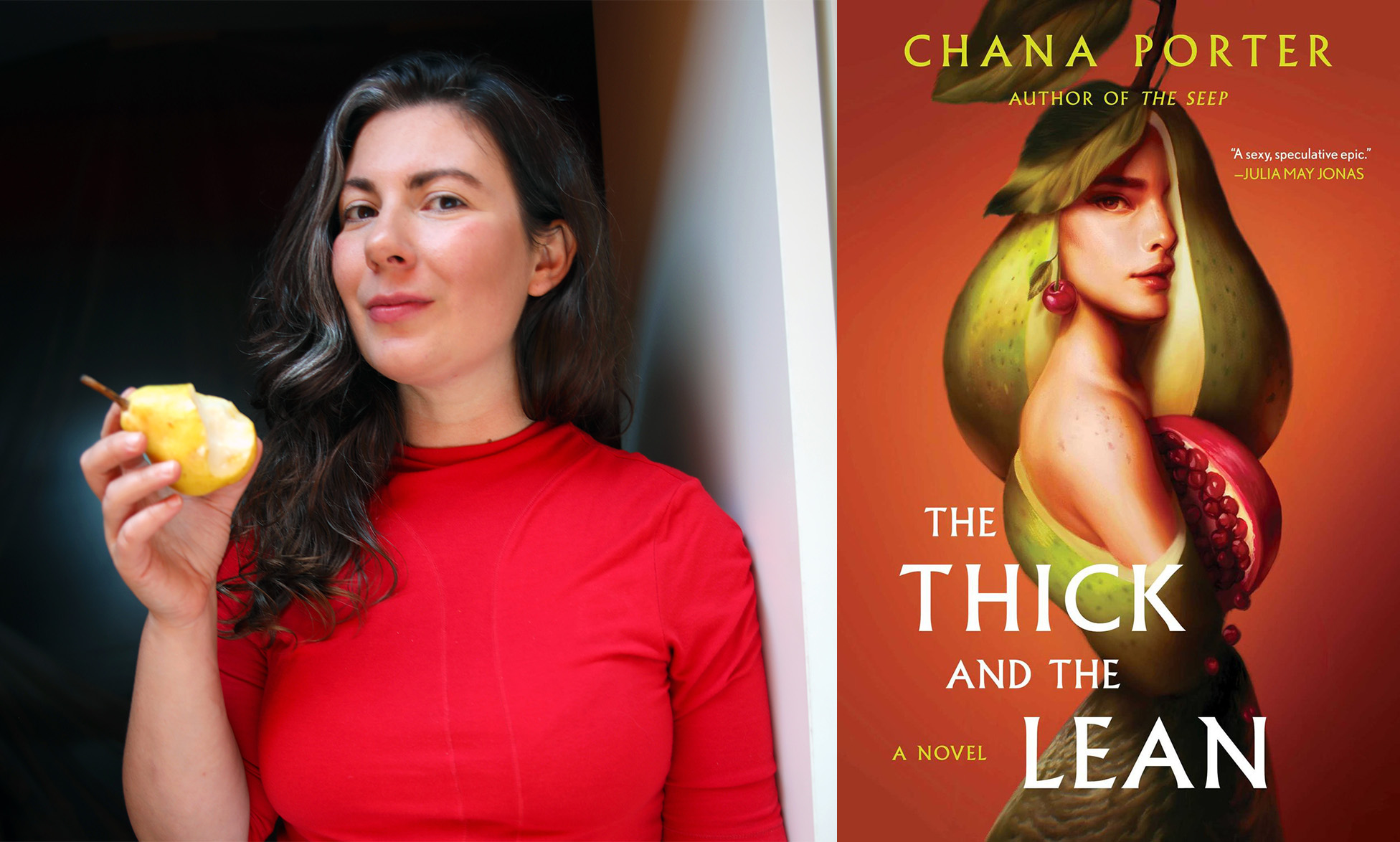 A photo of the author in a red shirt next to a shot of the book cover