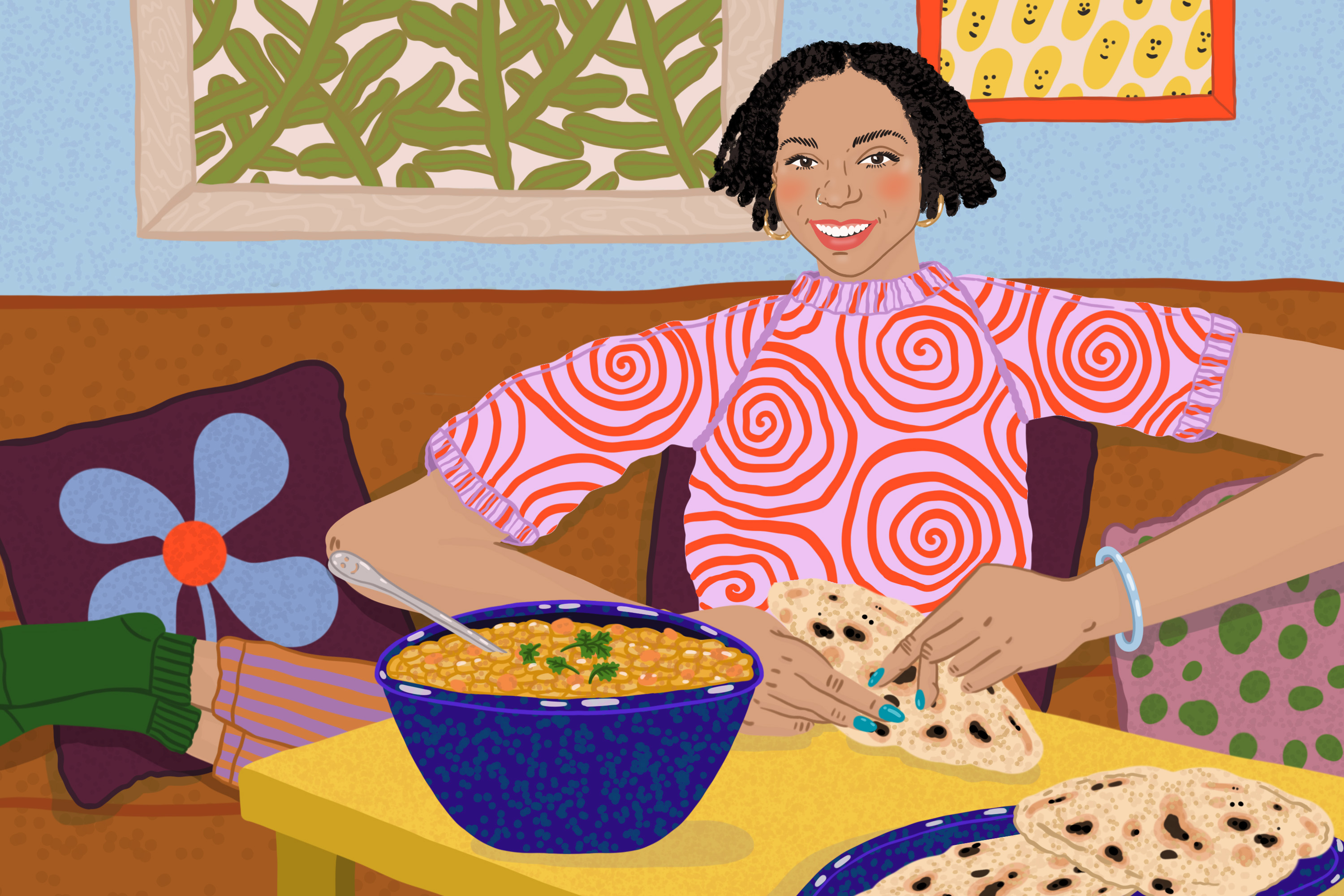 Gabrielle Davenport sits curled up on a couch, eating curry and roti. Illustration.
