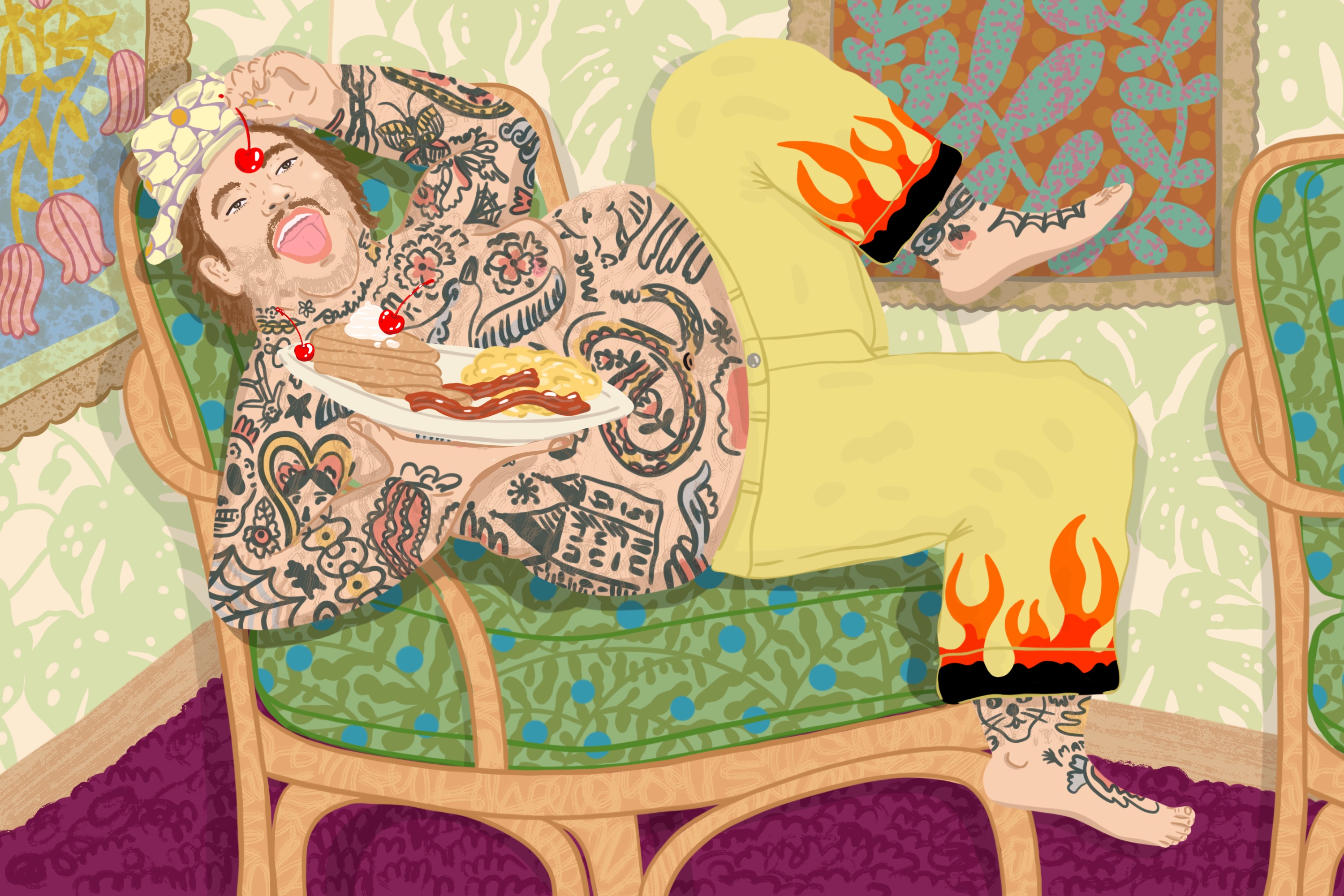 An illustration of Matty Matheson, shirtless and reclining on a chair, dangling a cherry above his open mouth.