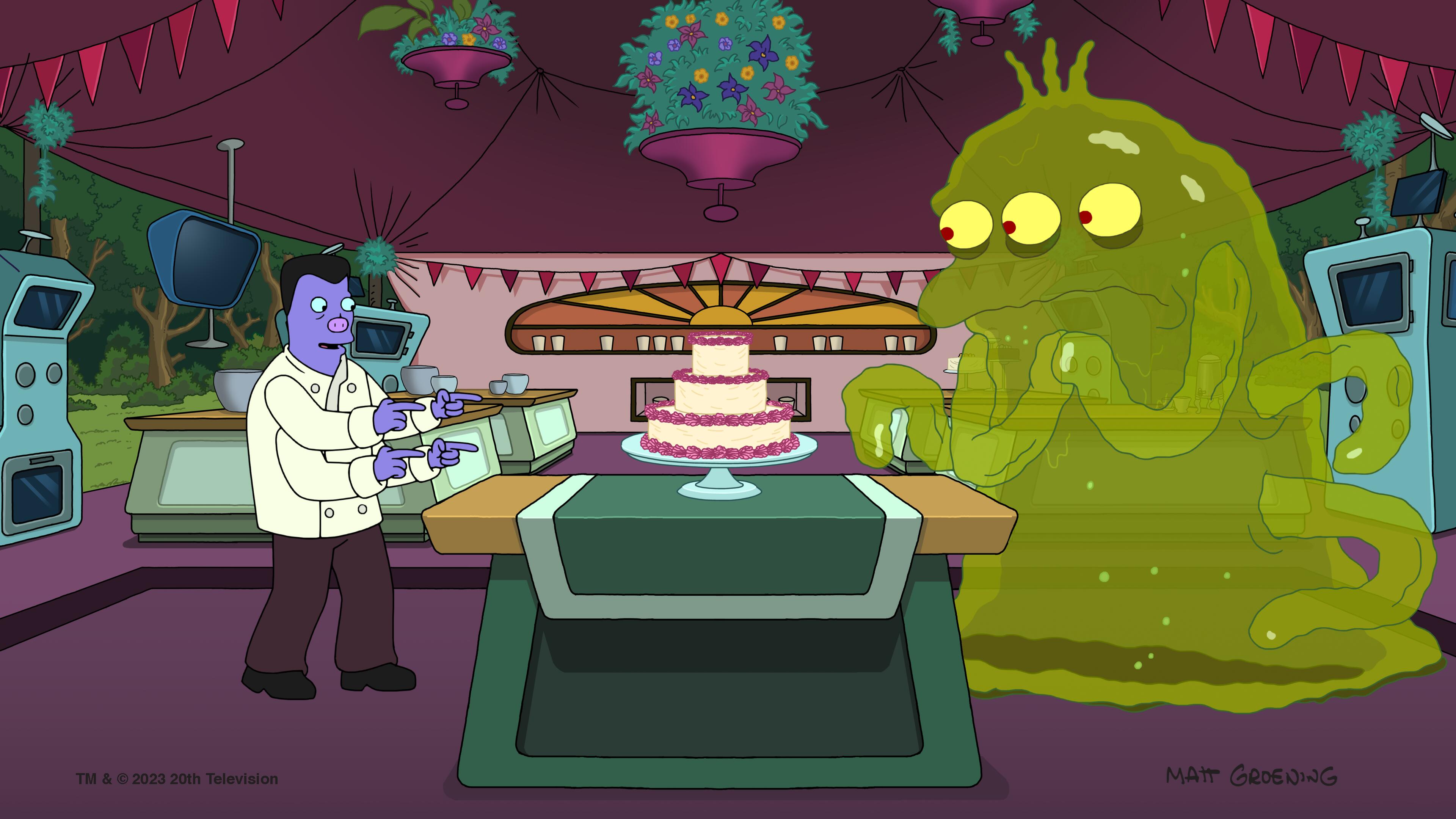 Two aliens on a cooking show look at a cake on a table in “Futurama.”