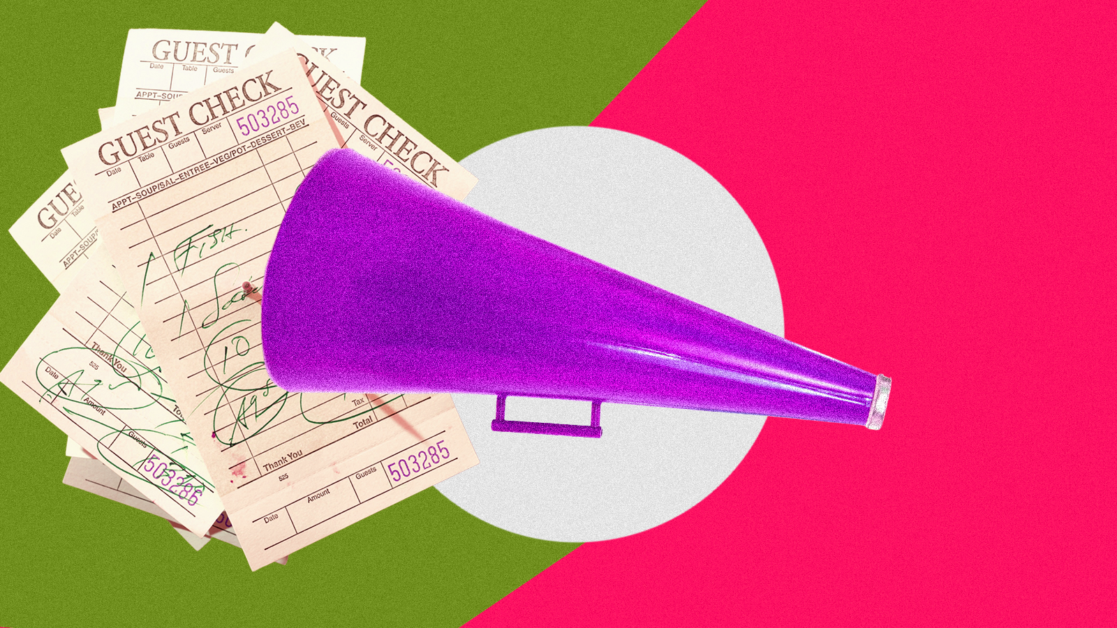 A collage of a megaphone and restaurant checks.