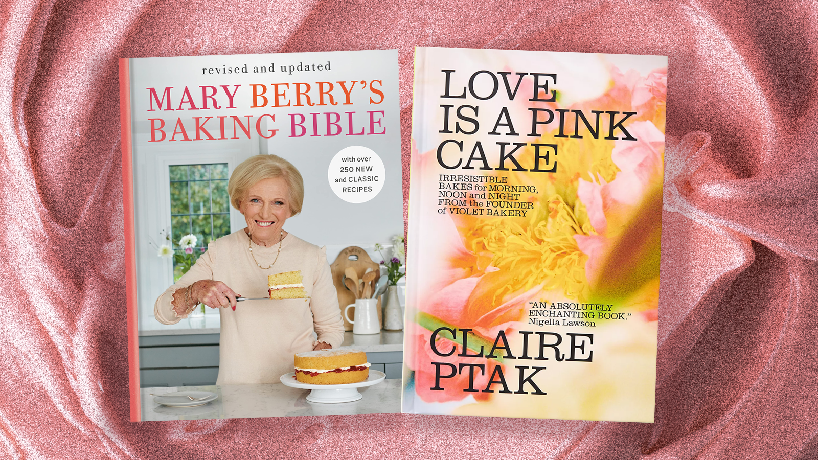 The covers of Mary Berry’s Baking Bible and Love Is a Pink Cake superimposed over a big swirl of pink frosting.