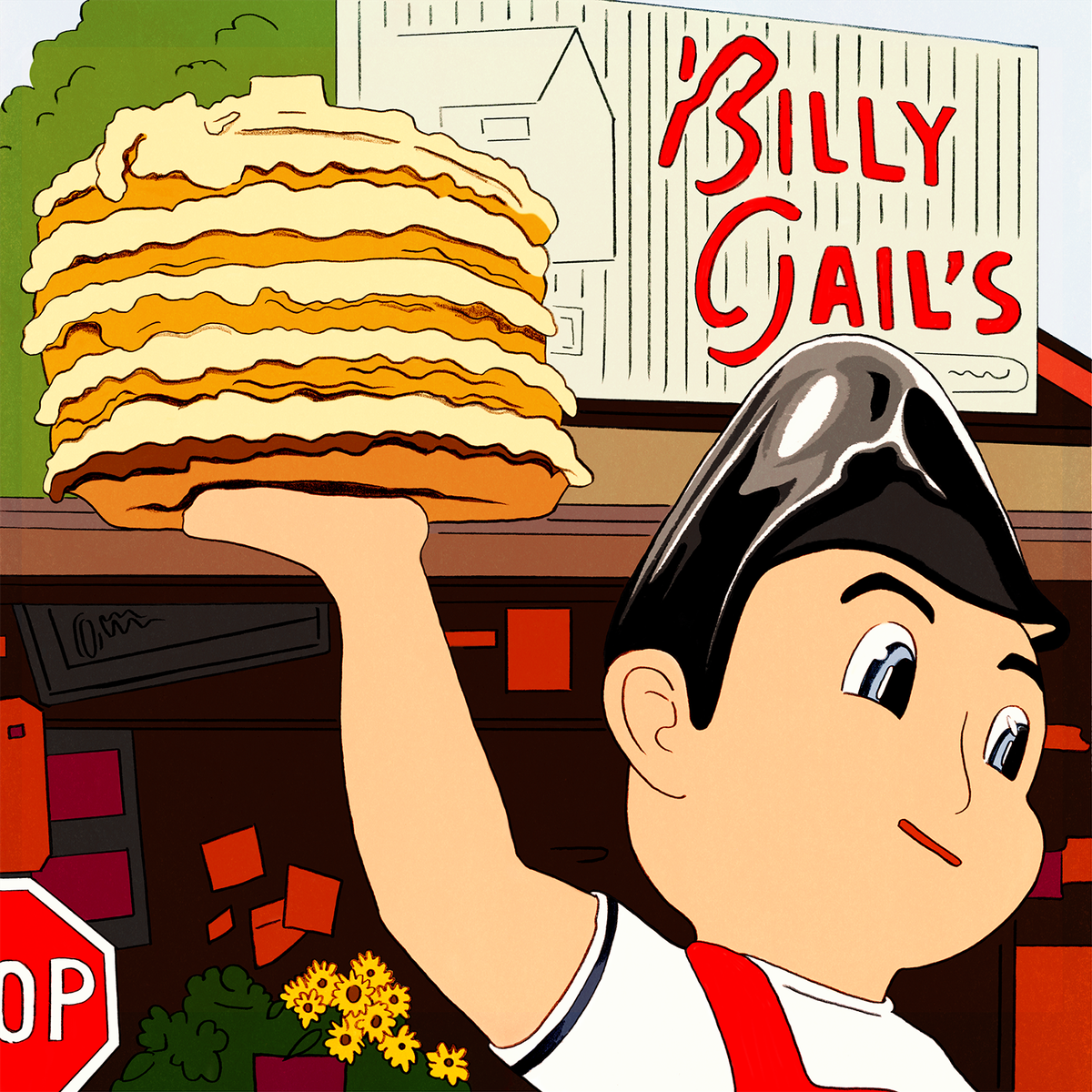 The statue standing in front of Billy Gail’s advertises the restaurant’s towering stacks of fluffy pancakes. In the background, the restaurant looks warm and inviting.