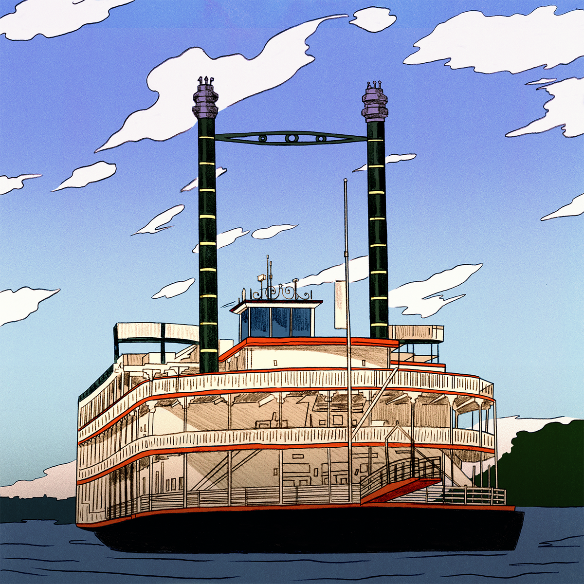 A spot illustration depicts the Showboat Branson Belle, a hulking vessel powered by five enormous diesel electric propulsion motors and two 16-foot paddle wheels. The boat has multiple stories, ornate wooden railings, and enough space to hold 700 passengers.
