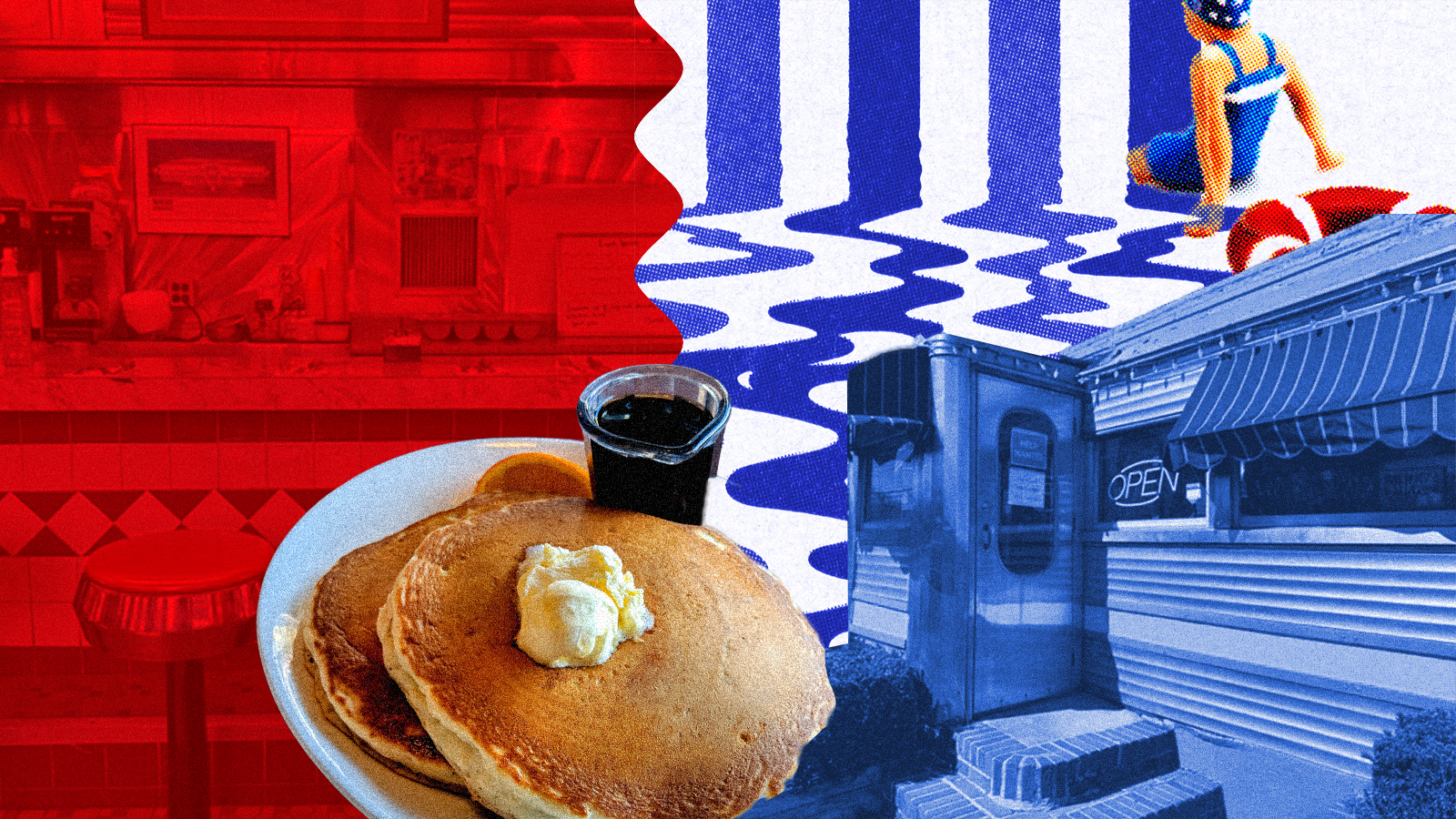 a collage of diner-themed images including the exterior of a classic diner, a diner bar, and a plate of pancakes