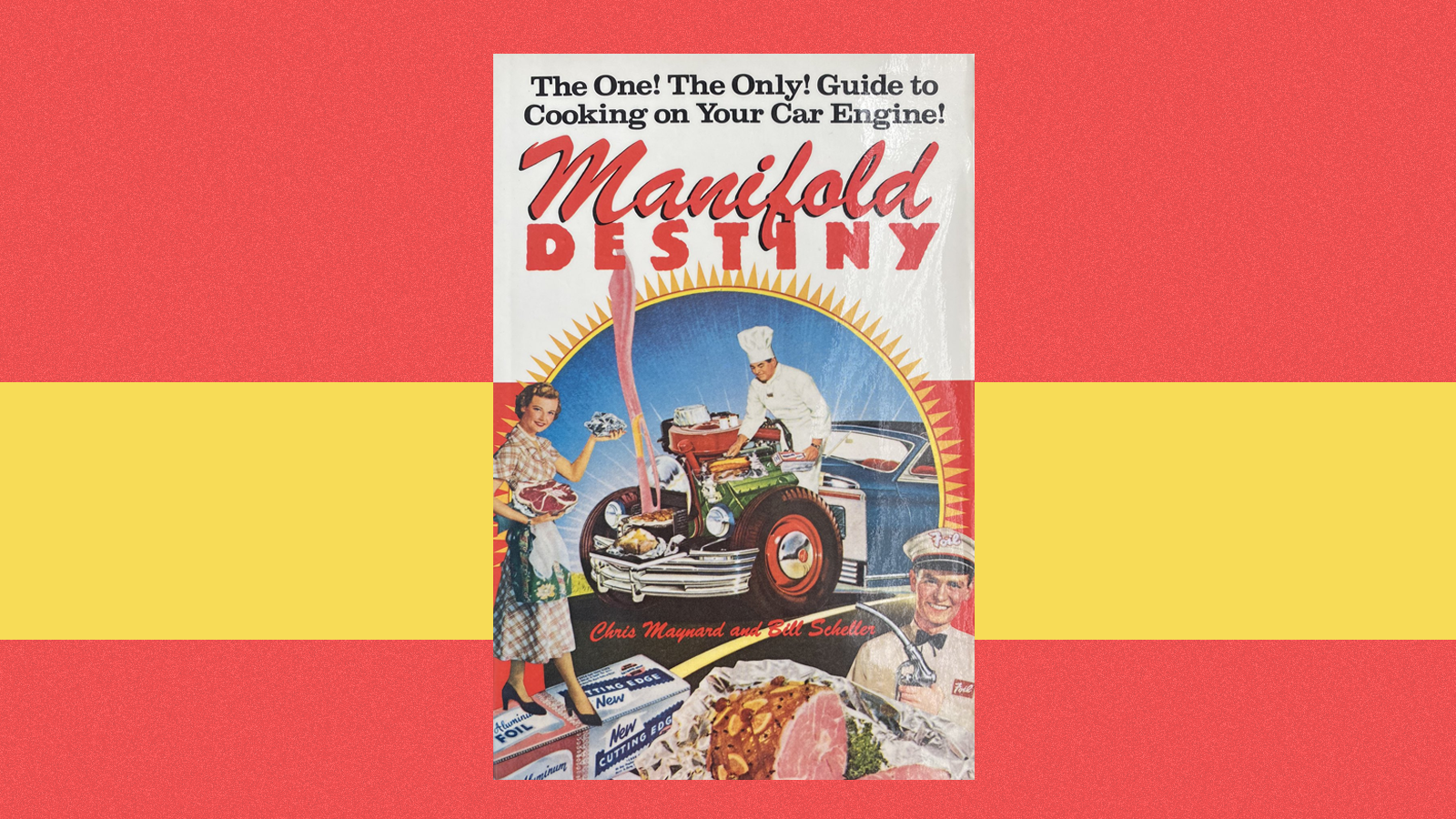 The cover of the book “Manifold Destiny,” superimposed over a yellow and red backdrop. Photo illustration.